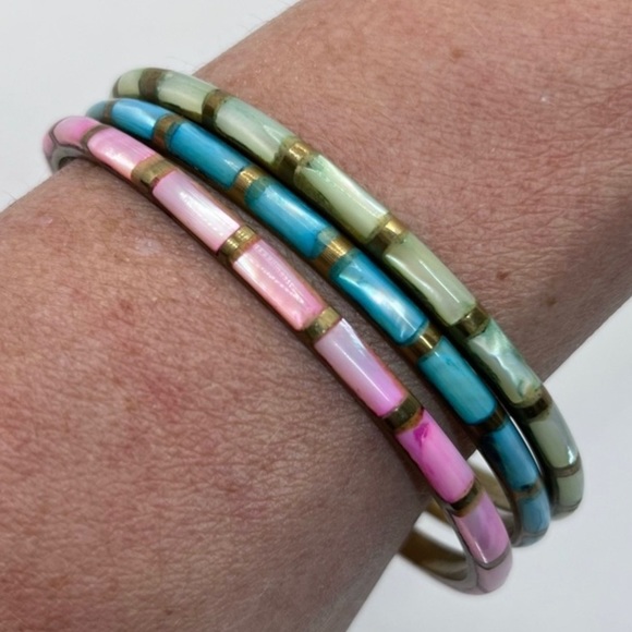 INDIA MOP Shell Inlay Brass Bangle Stacking Boho Bracelet Lot Bollywood - Picture 3 of 10